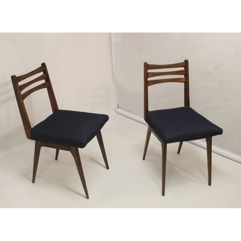 Paire de chaises scandinaves vintage en tissu bleu nuit et bois, 1960