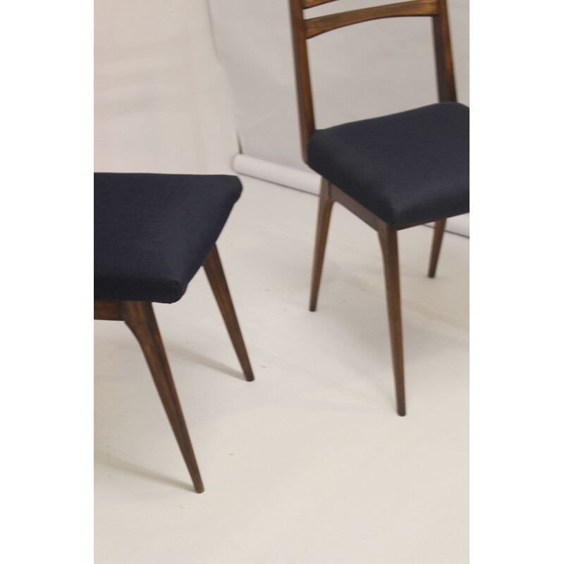 Pair of Scandinavian vintage chairs in midnight blue fabric and wood, 1960