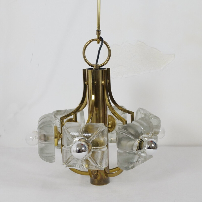 Vintage German pendant lamp in glass and brass - 1970s