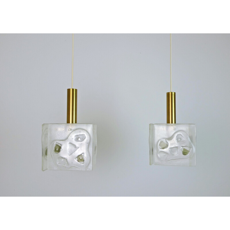 Pair of German hanging lamps in glass and brass - 1960s