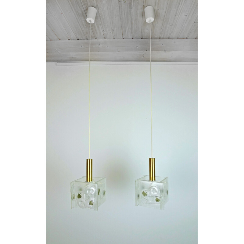Pair of German hanging lamps in glass and brass - 1960s