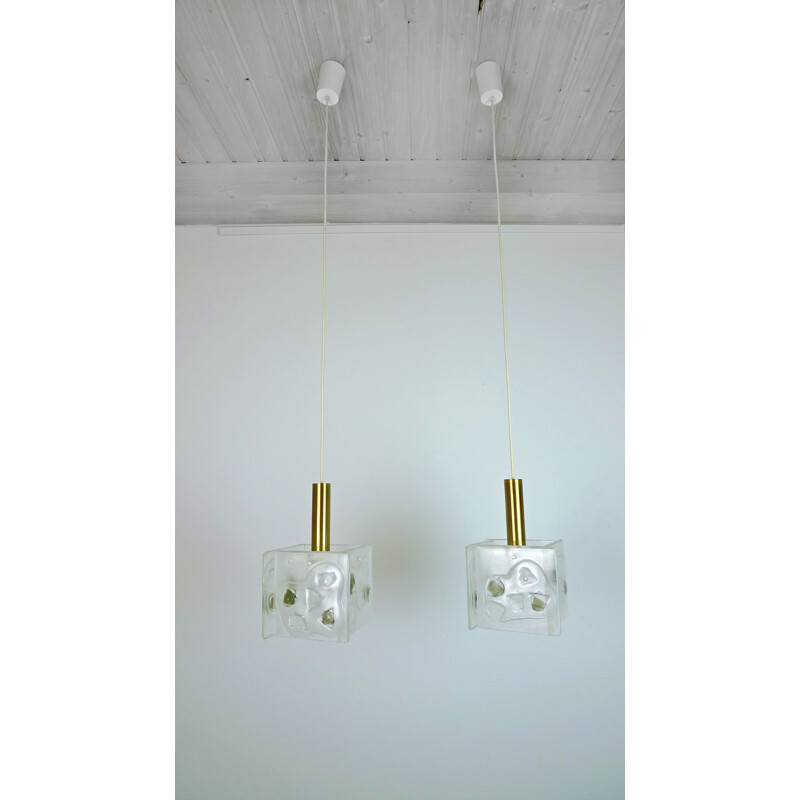 Pair of German hanging lamps in glass and brass - 1960s