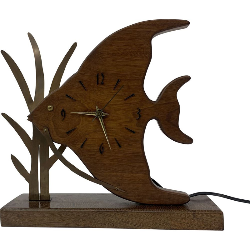 Horloge vintage Nufa en teck en forme de poisson avec détails en laiton, 1960