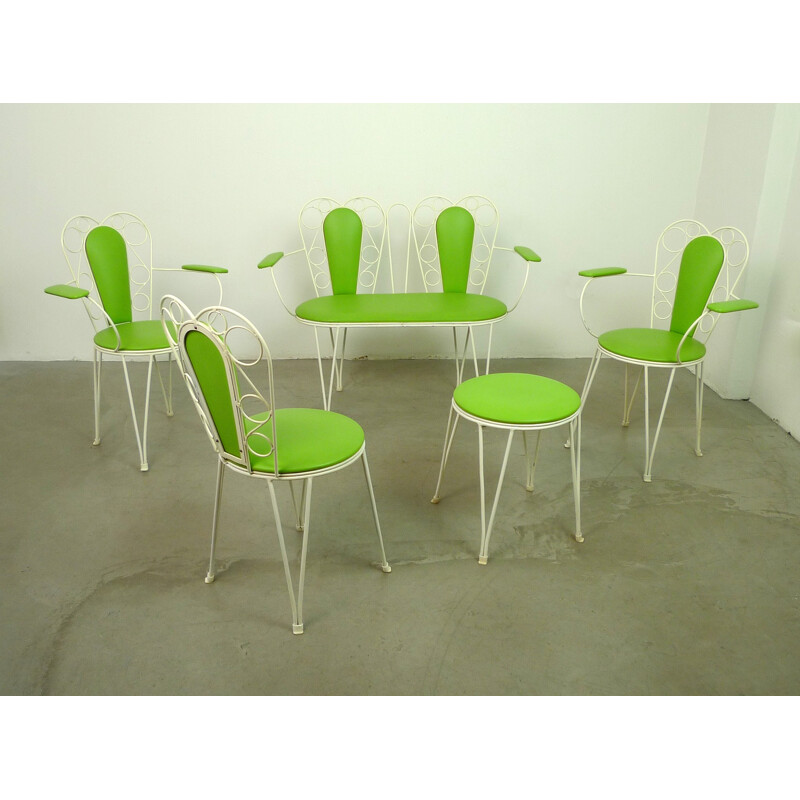 Garden set in green and white metal and leatherette - 1960s