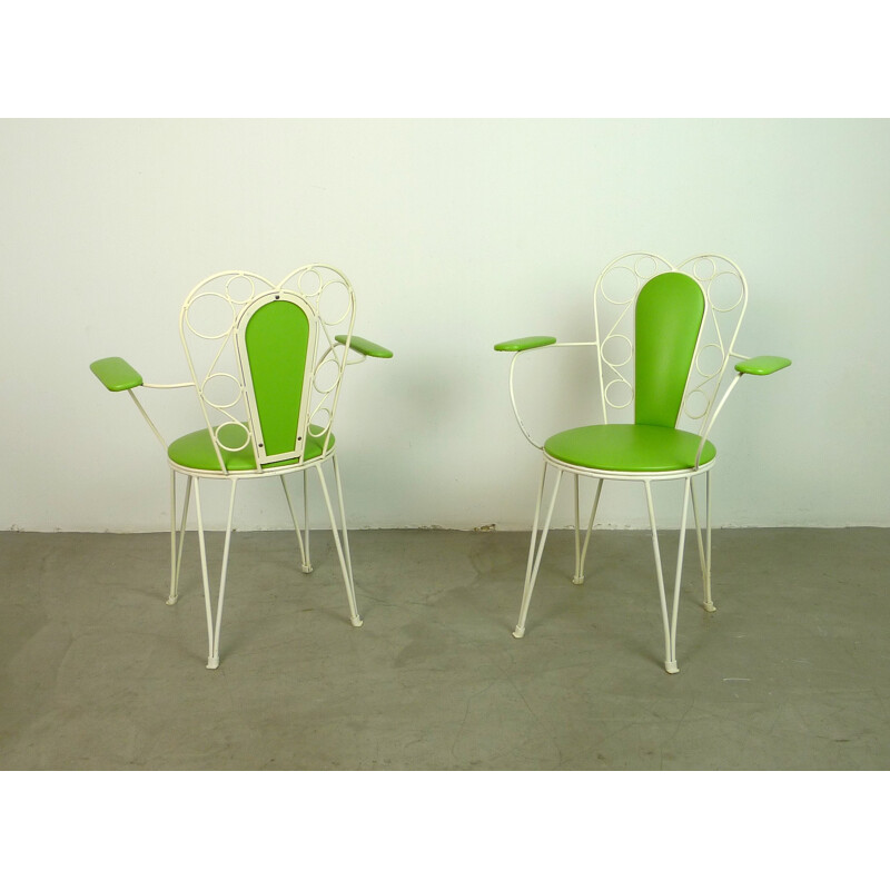 Garden set in green and white metal and leatherette - 1960s