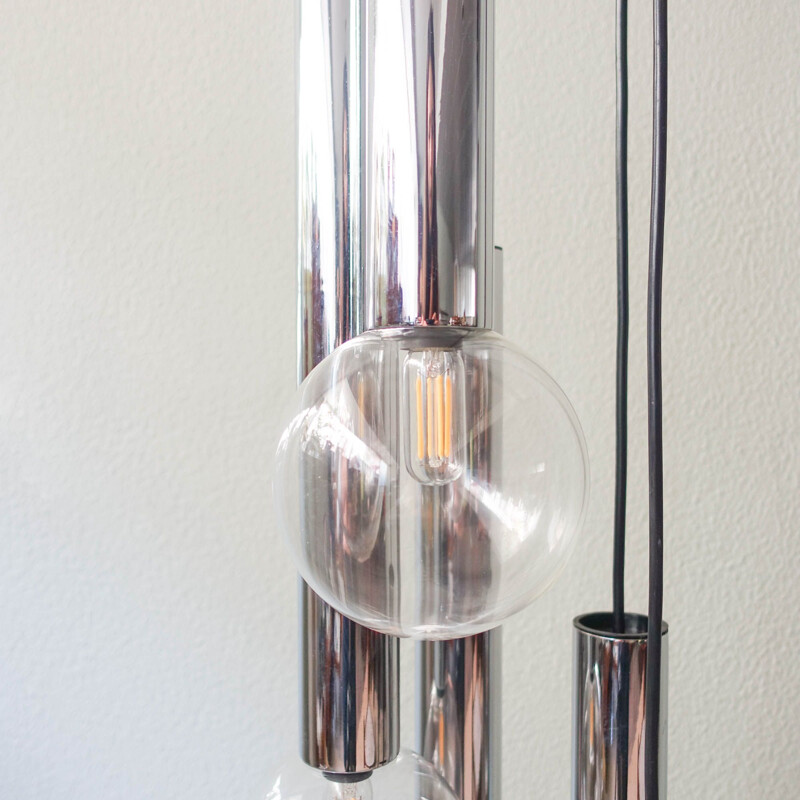 Suspension vintage en cascade à 5 lumières en chrome et verre par Motoko Ishii pour Staff, 1970