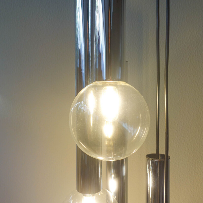 Vintage 5-lichts cascade hanglamp in chroom en glas van Motoko Ishii voor Staff, 1970