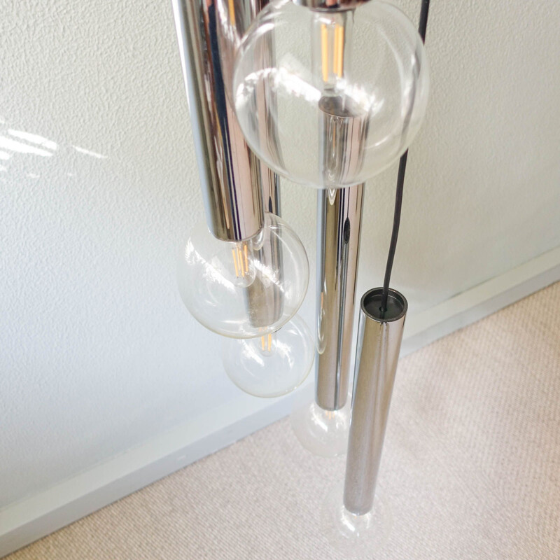 Vintage 5-light chrome & glass globe cascade pendant lamp by Motoko Ishii for Staff, 1970s