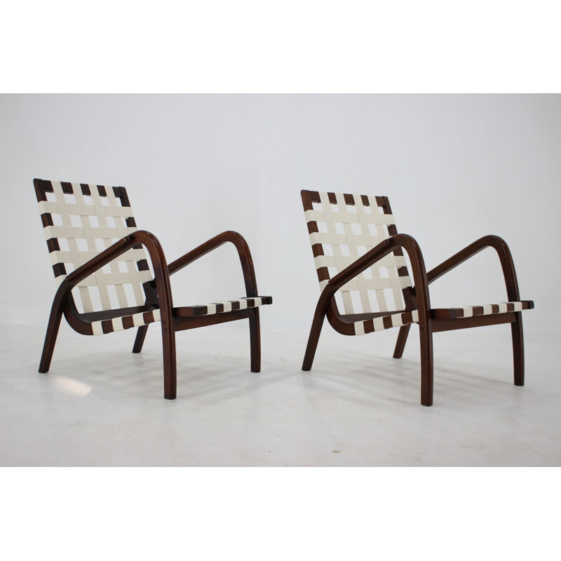 Pair of vintage oakwood armchairs by Jan Vanek for Krasna Jizba, Czechoslovakia 1940s