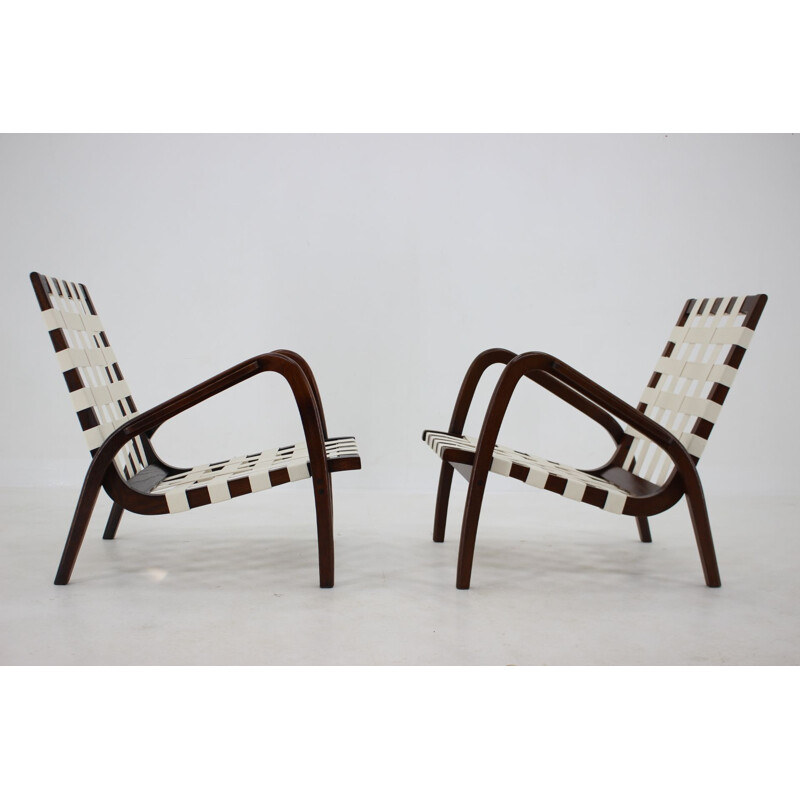 Pair of vintage oakwood armchairs by Jan Vanek for Krasna Jizba, Czechoslovakia 1940s