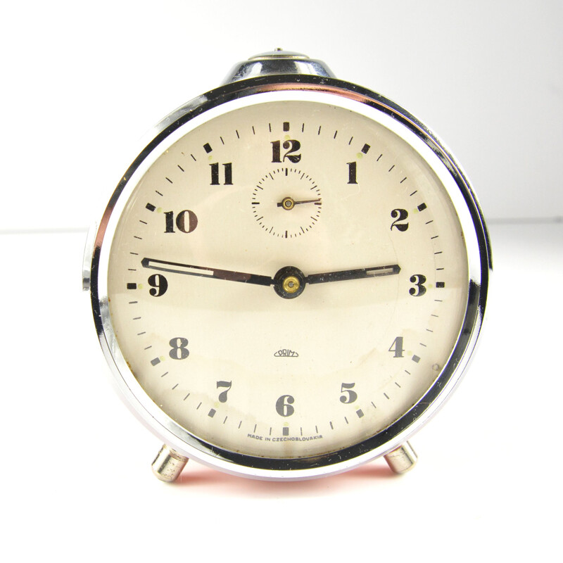 Vintage mechanical steel and glass alarm clock for Prim, Czechoslovakia 1960