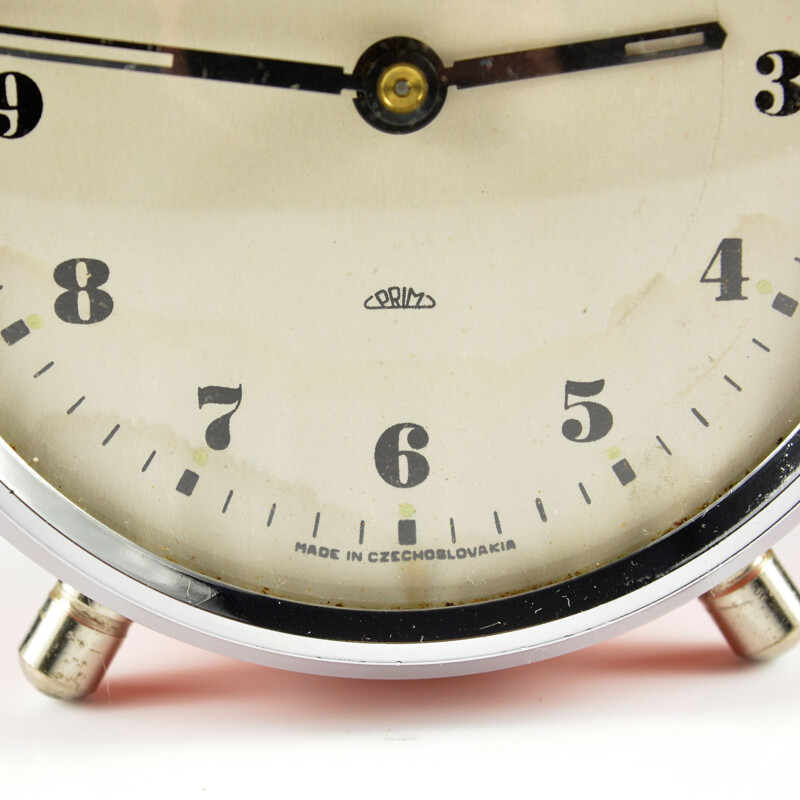 Vintage mechanical steel and glass alarm clock for Prim, Czechoslovakia 1960