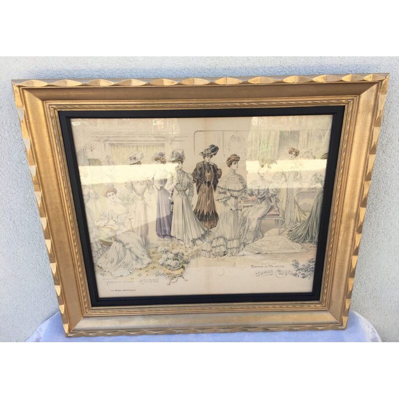 Pintura Vintage com moldura de madeira dourada, França