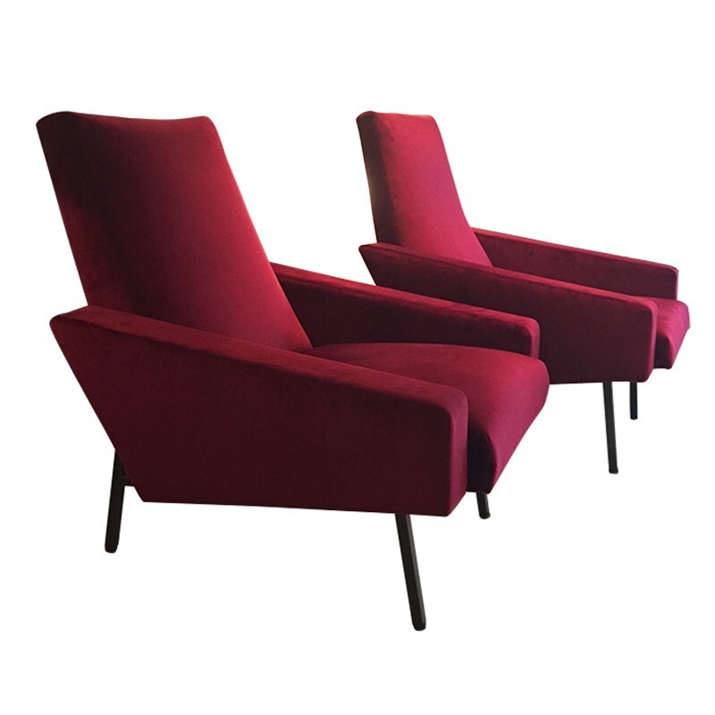 Pair of re-upholstered armchairs in red velvet - 1950s