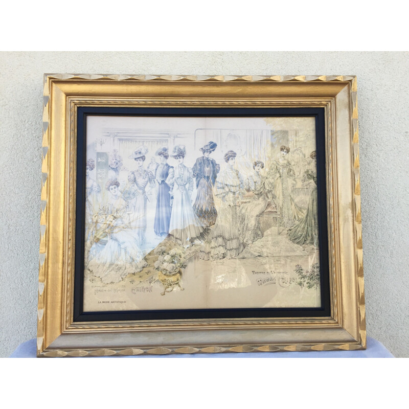 Vintage painting with gilded wood frame, France