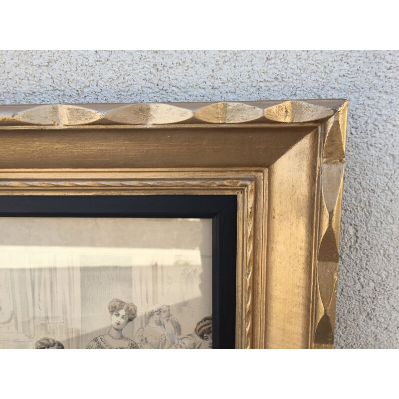 Tableau vintage avec cadre en bois sculpté doré, France