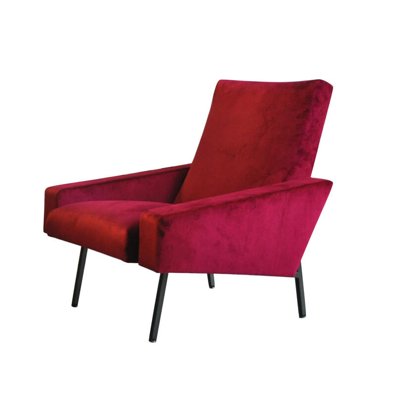 Pair of re-upholstered armchairs in red velvet - 1950s