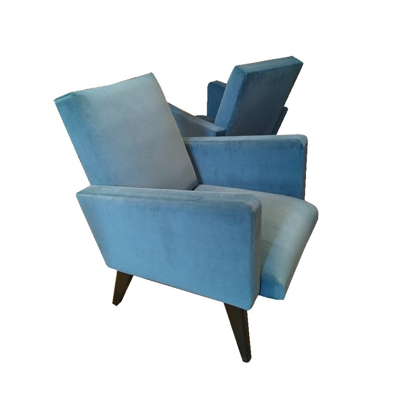 Pair of re-upholstered amrchairs in blue velvet - 1950s