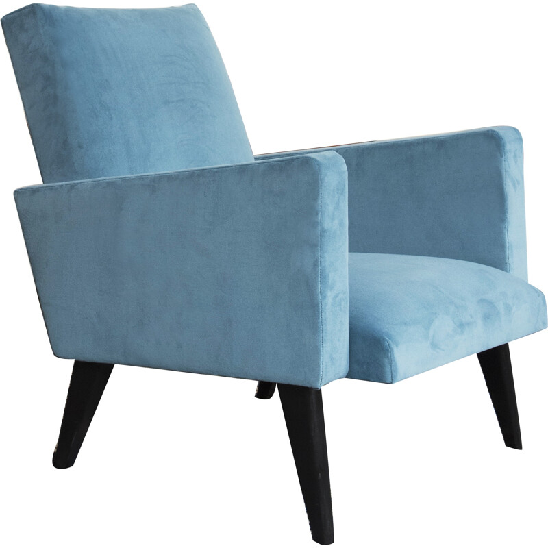 Paire de fauteuils retapissés en velours bleu  - 1950