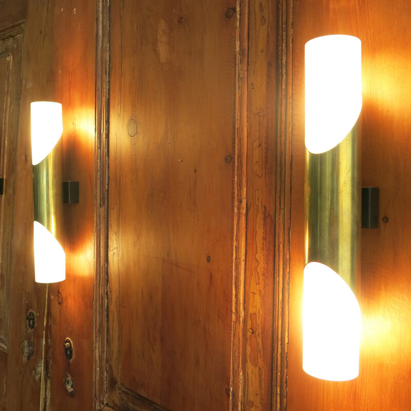 Pair of German glass and brass wall lamps - 1970s