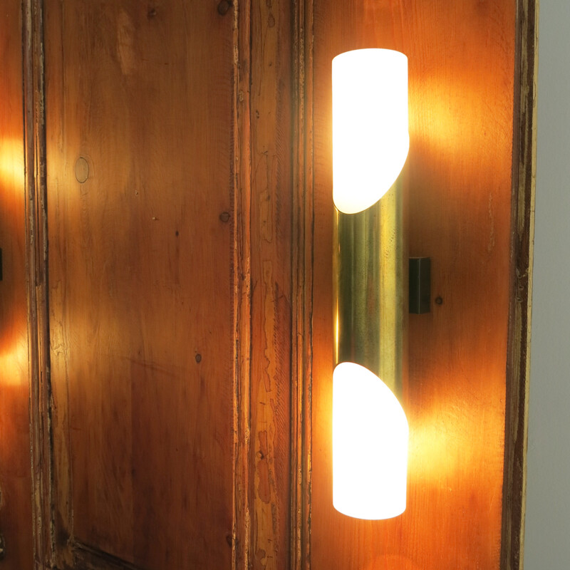 Pair of German glass and brass wall lamps - 1970s