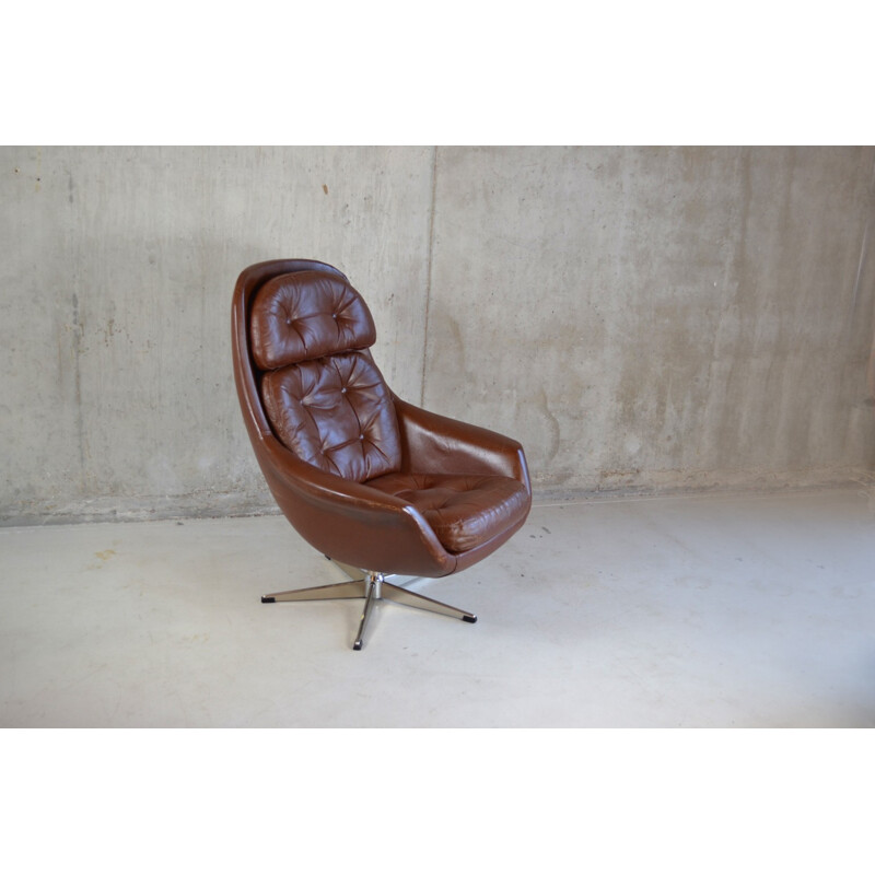 Danish swivel armchair in leather and chromed metal - 1970s