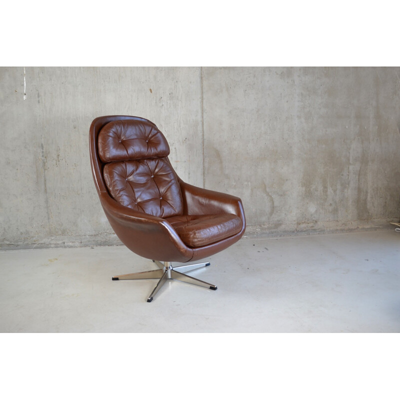 Danish swivel armchair in leather and chromed metal - 1970s