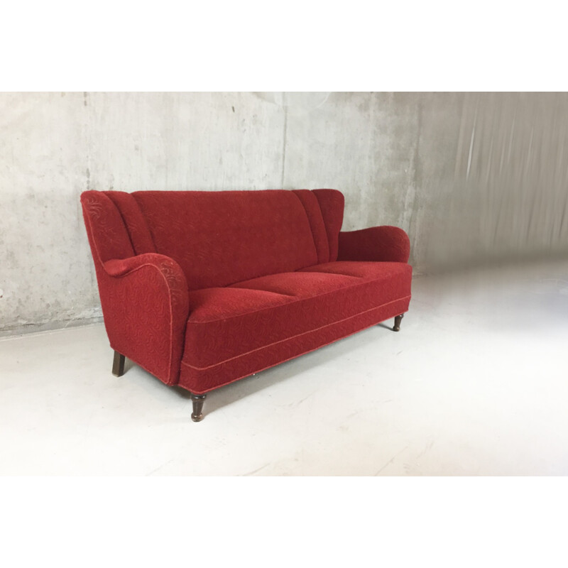 Danish 3 seater sofa with red patterned original upholstery - 1950s