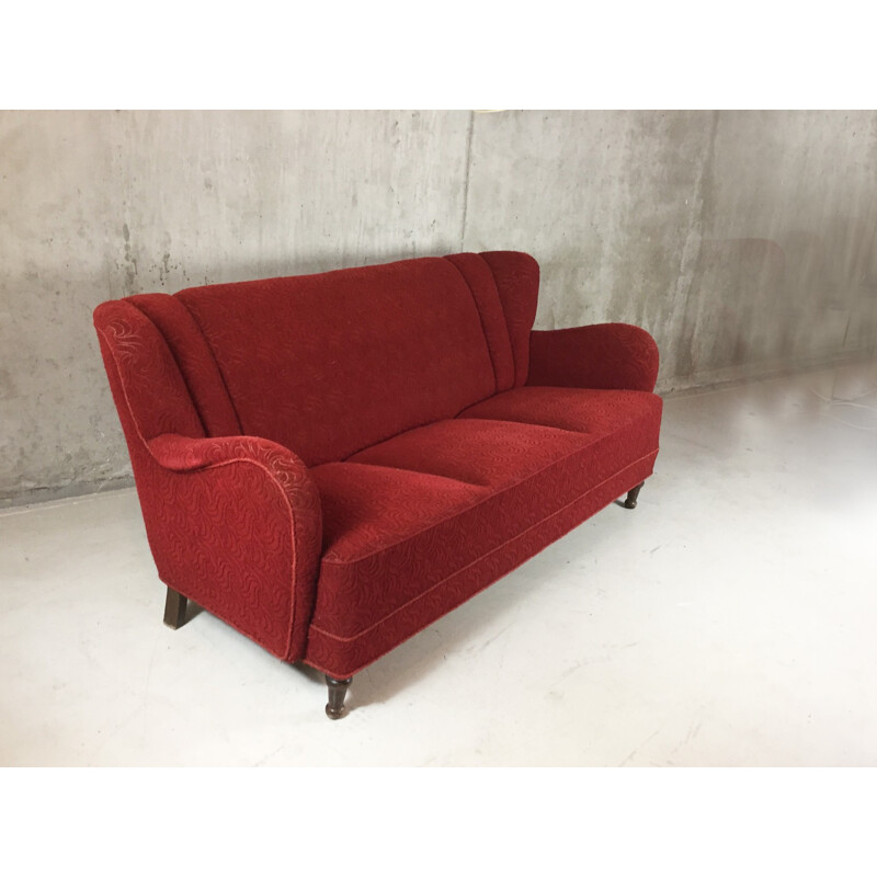 Danish 3 seater sofa with red patterned original upholstery - 1950s