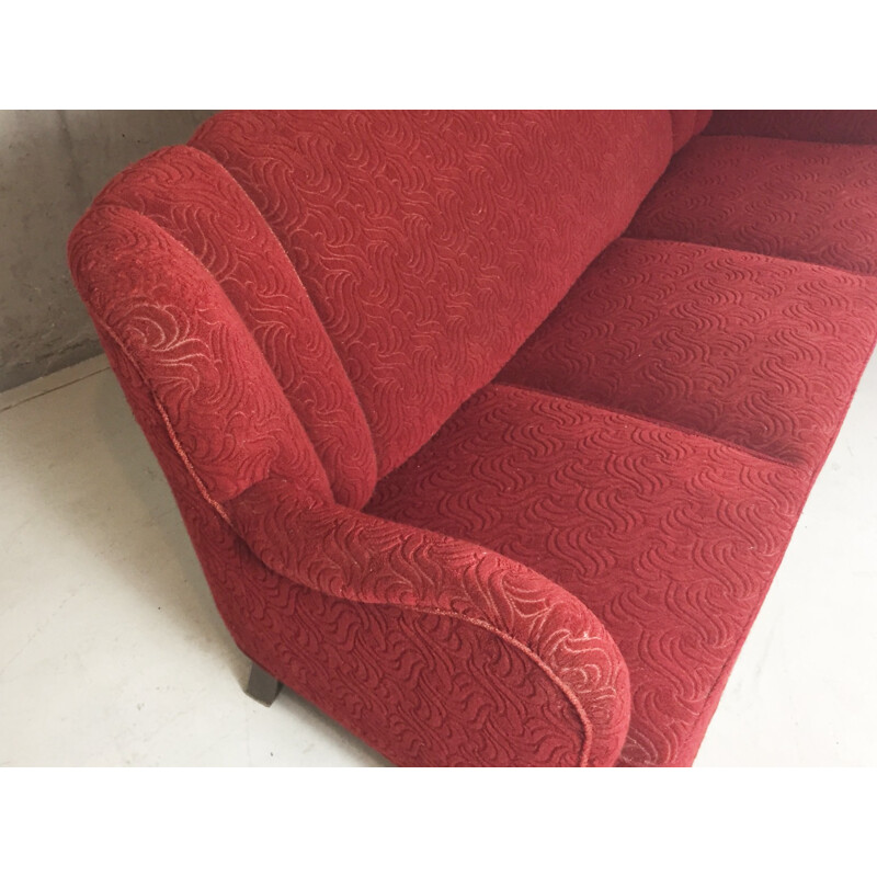 Danish 3 seater sofa with red patterned original upholstery - 1950s