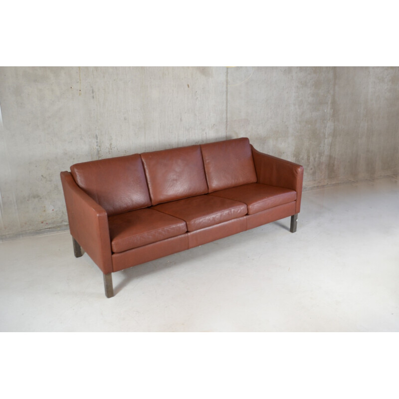 Danish 3 seater brown leather sofa - 1970s