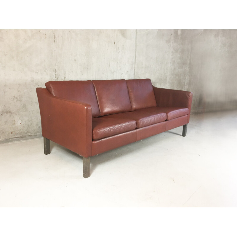 Danish 3 seater brown leather sofa - 1970s