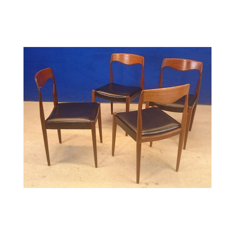 Mid century Scandinavian set of 4 chairs in teak and leatherette - 1950s