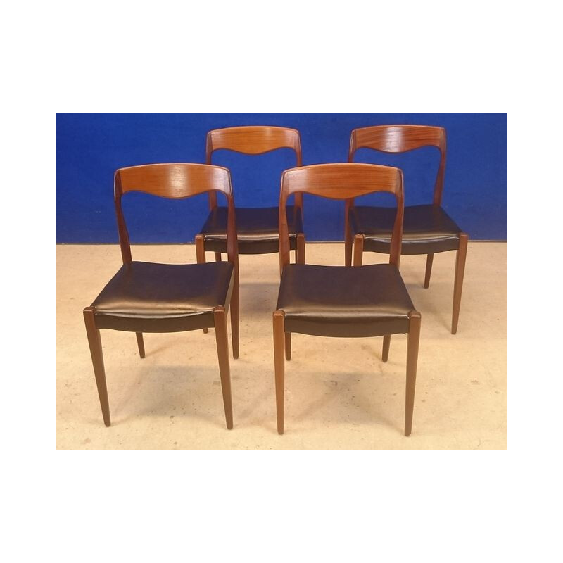 Mid century Scandinavian set of 4 chairs in teak and leatherette - 1950s