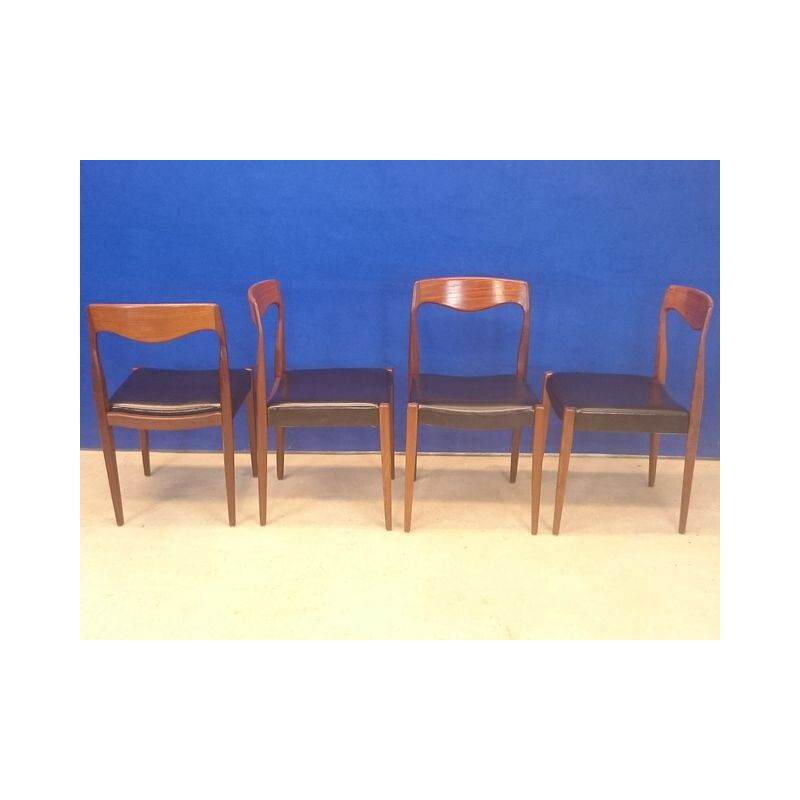 Mid century Scandinavian set of 4 chairs in teak and leatherette - 1950s