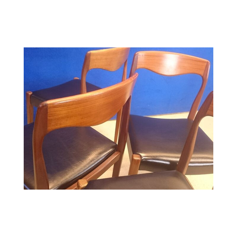 Mid century Scandinavian set of 4 chairs in teak and leatherette - 1950s