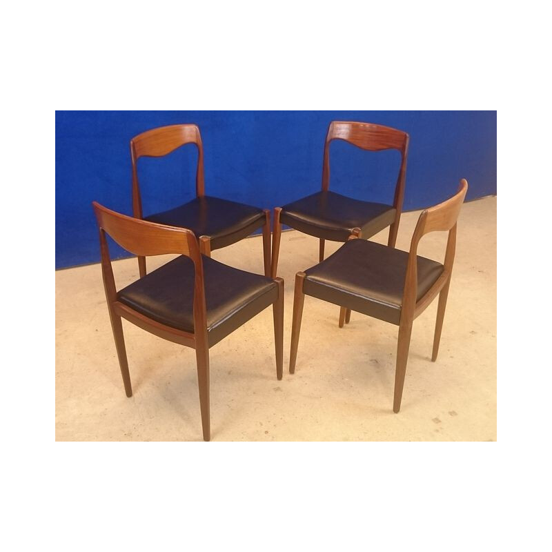 Mid century Scandinavian set of 4 chairs in teak and leatherette - 1950s