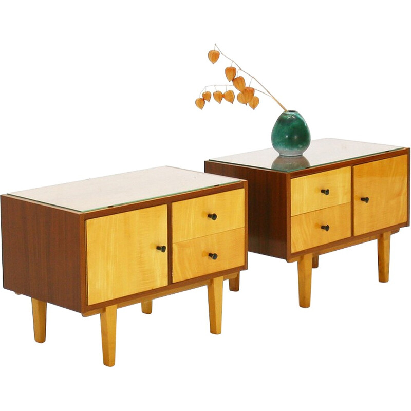 Pair of walnut and maple bedside tables - 1950s