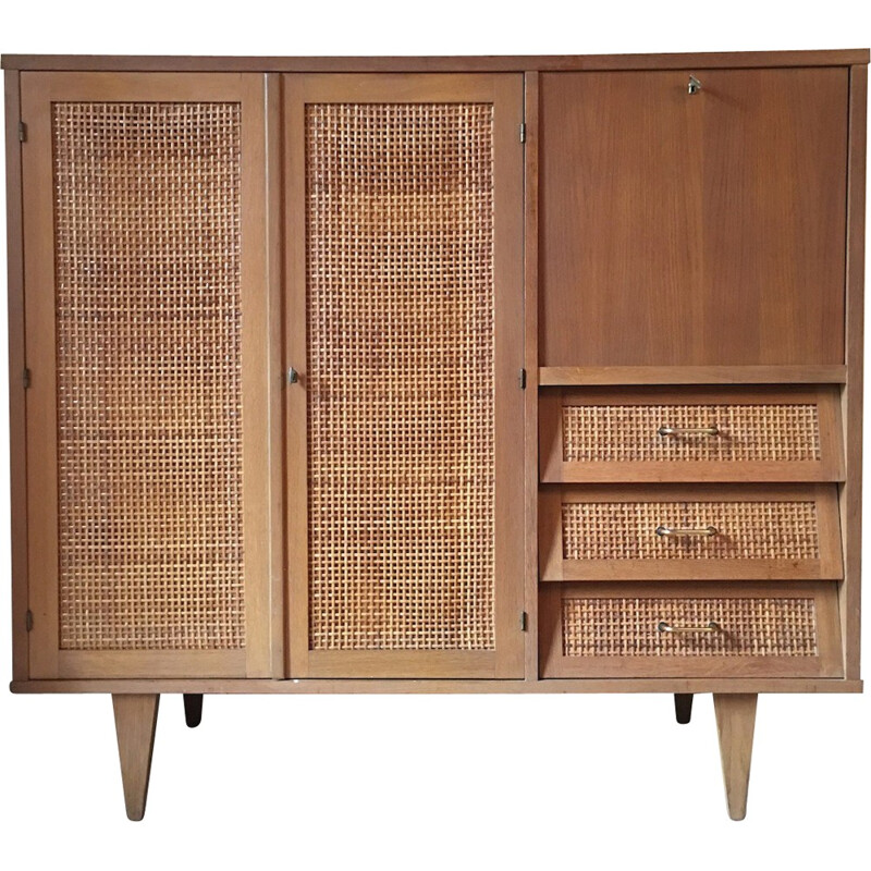 French cabinet in oak and rattan - 1960s