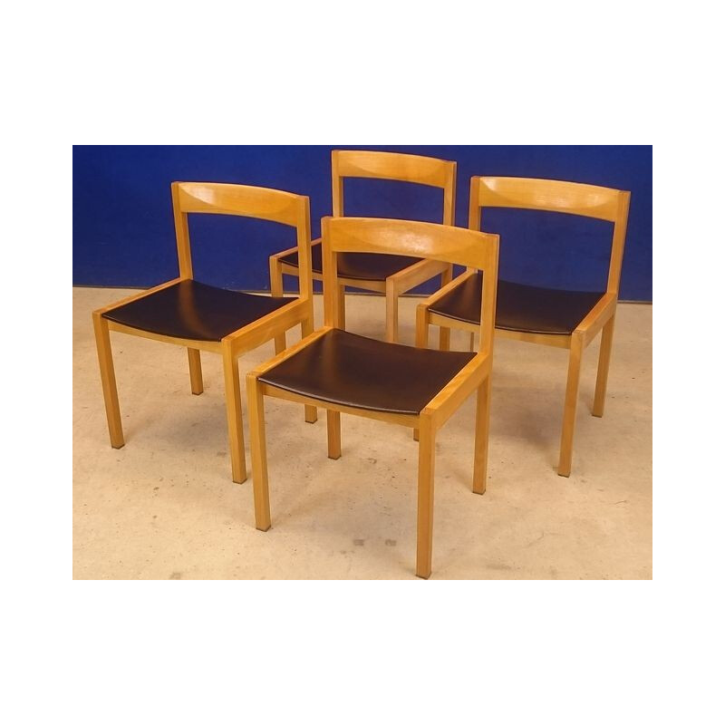 Set of 4 chairs in blond wood and black leatherette - 1950s