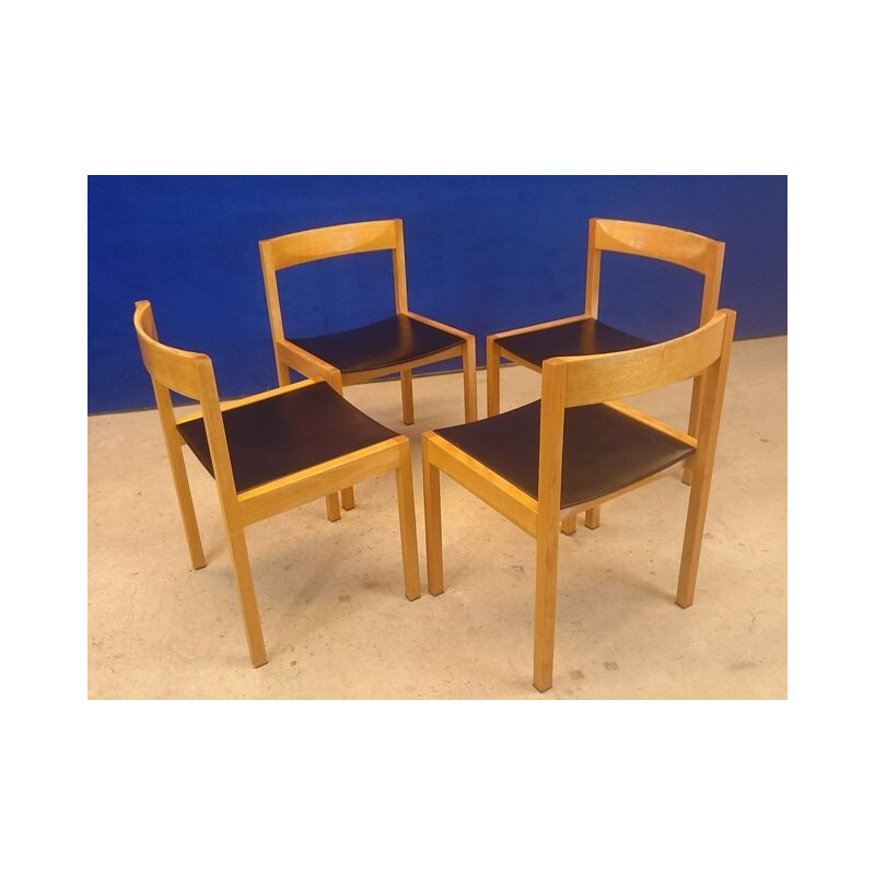 Set of 4 chairs in blond wood and black leatherette - 1950s