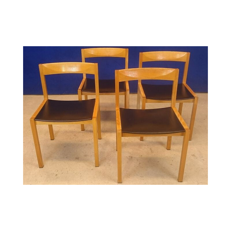 Ensemble de 4 chaises vintage en bois et simili cuir - 1950