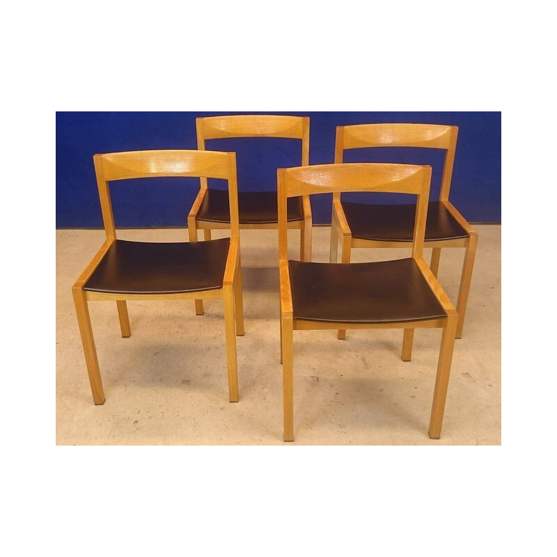 Set of 4 chairs in blond wood and black leatherette - 1950s