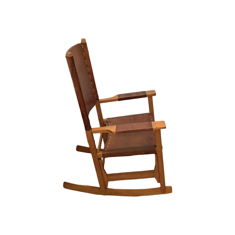 Vintage rocking chair in leather and walnut by Werner Biermann for Artesano Bogota, Colombia 1970