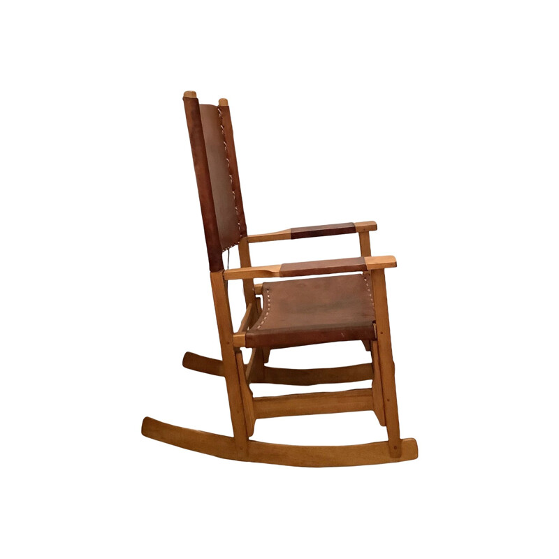 Vintage rocking chair in leather and walnut by Werner Biermann for Artesano Bogota, Colombia 1970