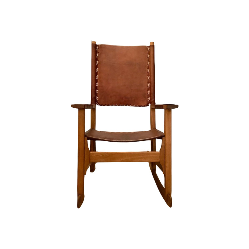 Vintage rocking chair in leather and walnut by Werner Biermann for Artesano Bogota, Colombia 1970