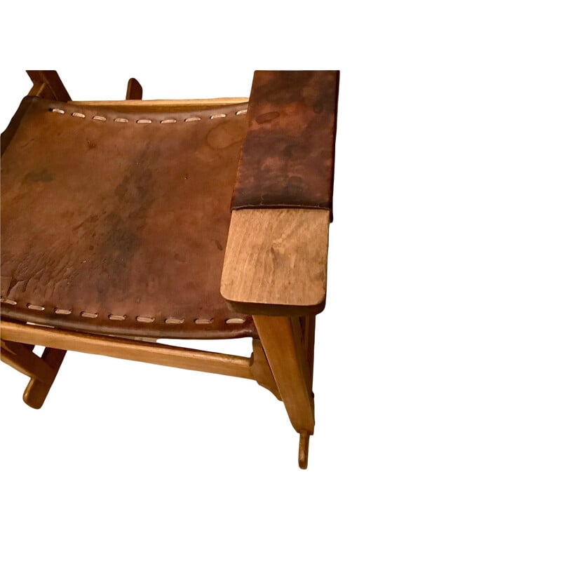 Chaise à bascule vintage en cuir et noyer par Werner Biermann pour Artesano Bogota, Colombie 1970