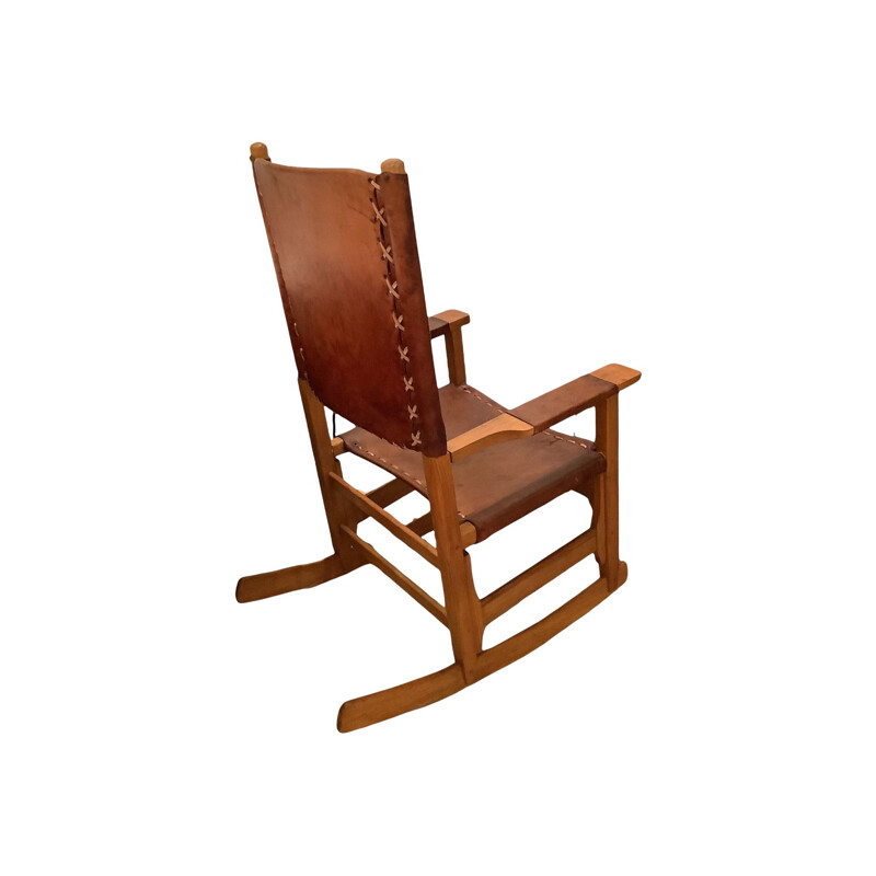 Vintage rocking chair in leather and walnut by Werner Biermann for Artesano Bogota, Colombia 1970