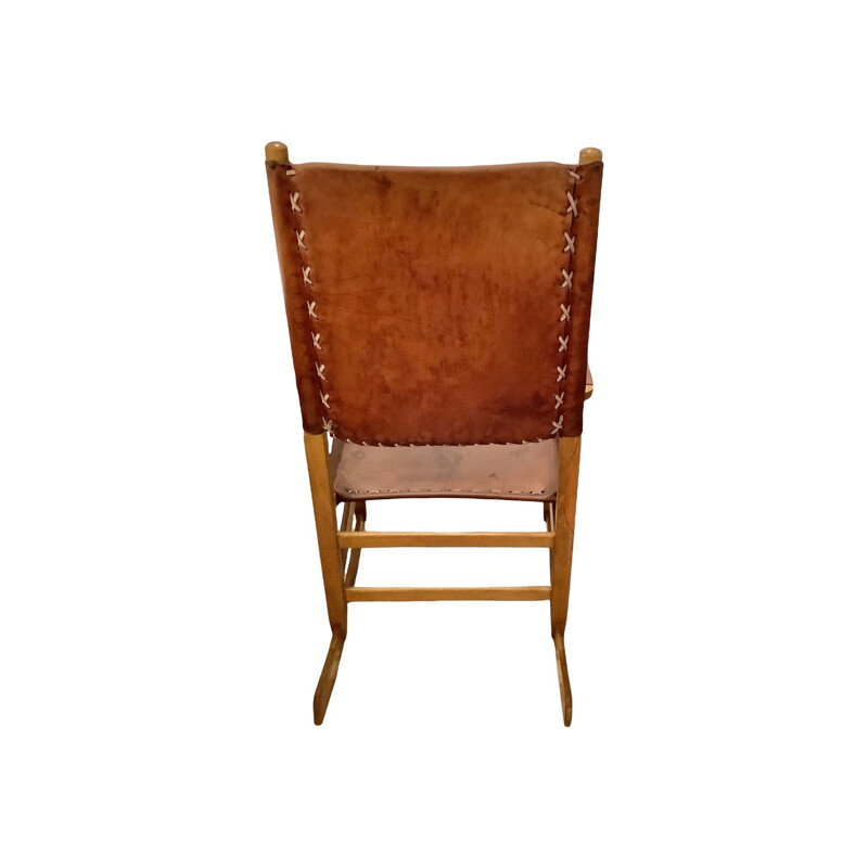 Vintage rocking chair in leather and walnut by Werner Biermann for Artesano Bogota, Colombia 1970