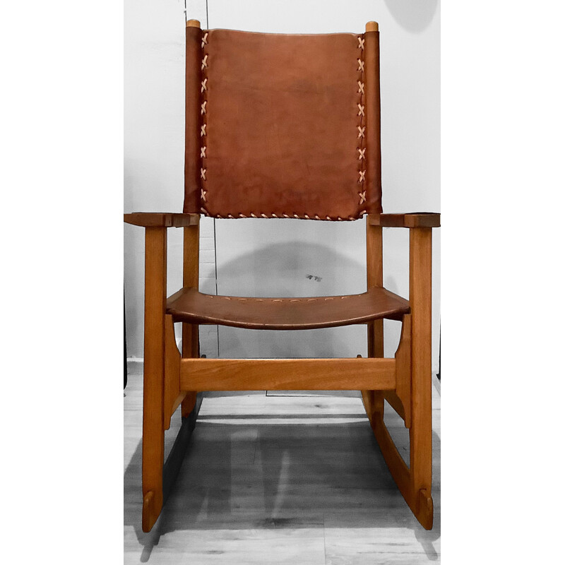 Vintage rocking chair in leather and walnut by Werner Biermann for Artesano Bogota, Colombia 1970